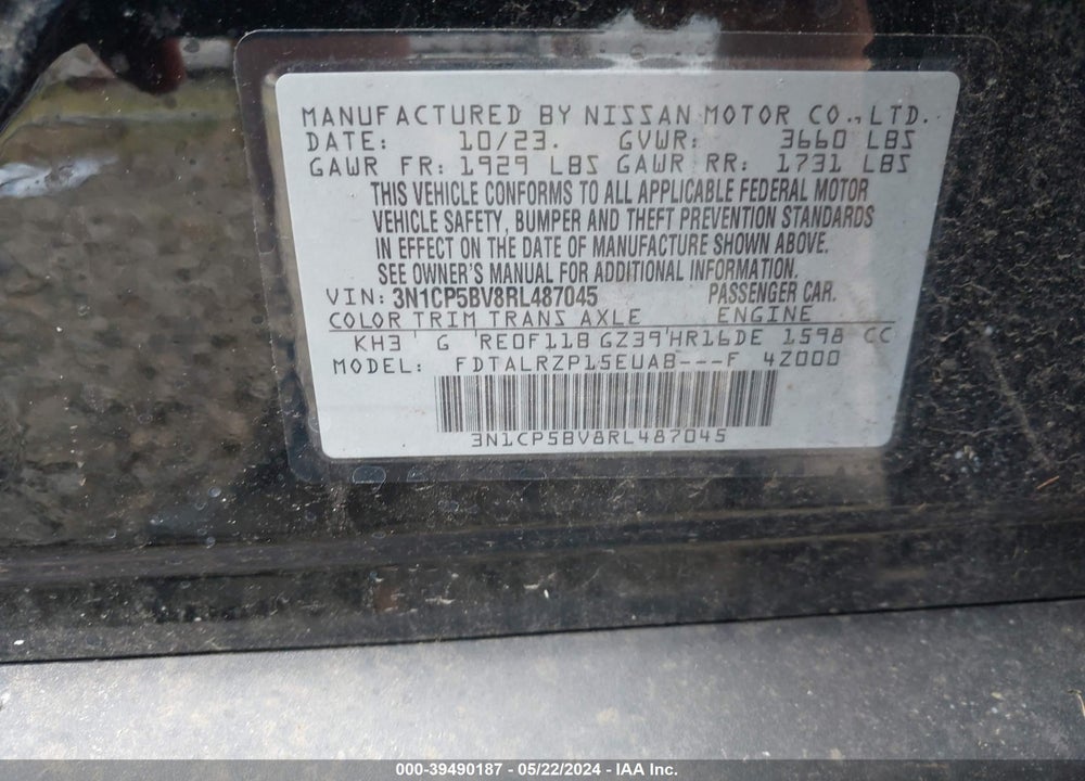 2024 NISSAN KICKS S XTRONIC CVT VIN: 3N1CP5BV8RL487045