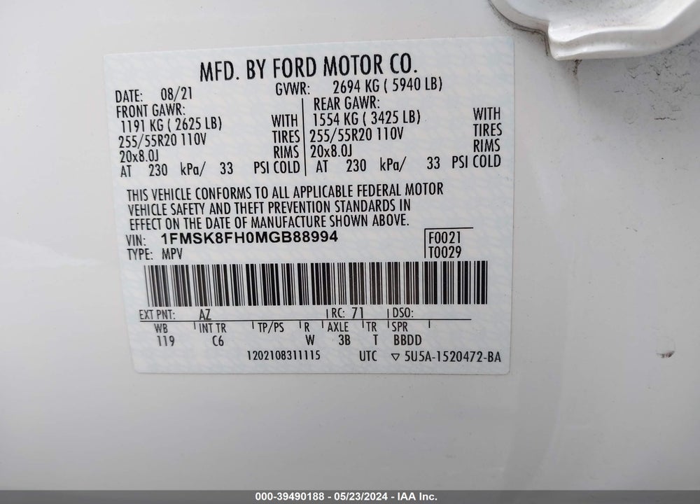 2021 FORD EXPLORER LIMITED VIN: 1FMSK8FH0MGB88994