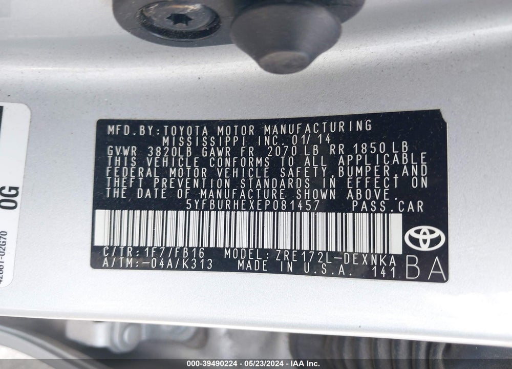 2014 TOYOTA COROLLA VIN: 5YFBURHEXEP081457