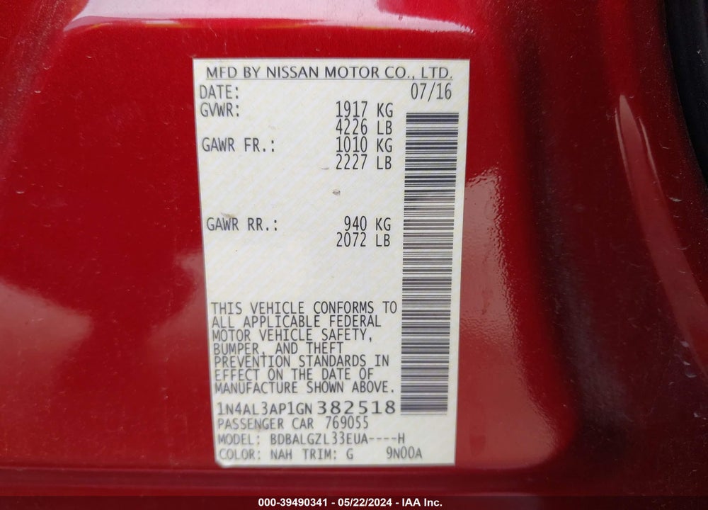 2016 NISSAN ALTIMA 2.5 S VIN: 1N4AL3AP1GN382518