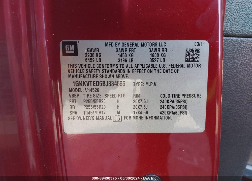2011 GMC ACADIA DENALI VIN: 1GKKVTED6BJ334655