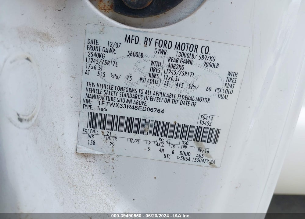 2008 FORD F-350 FX4/LARIAT/XL/XLT VIN: 1FTWX33R48ED06764