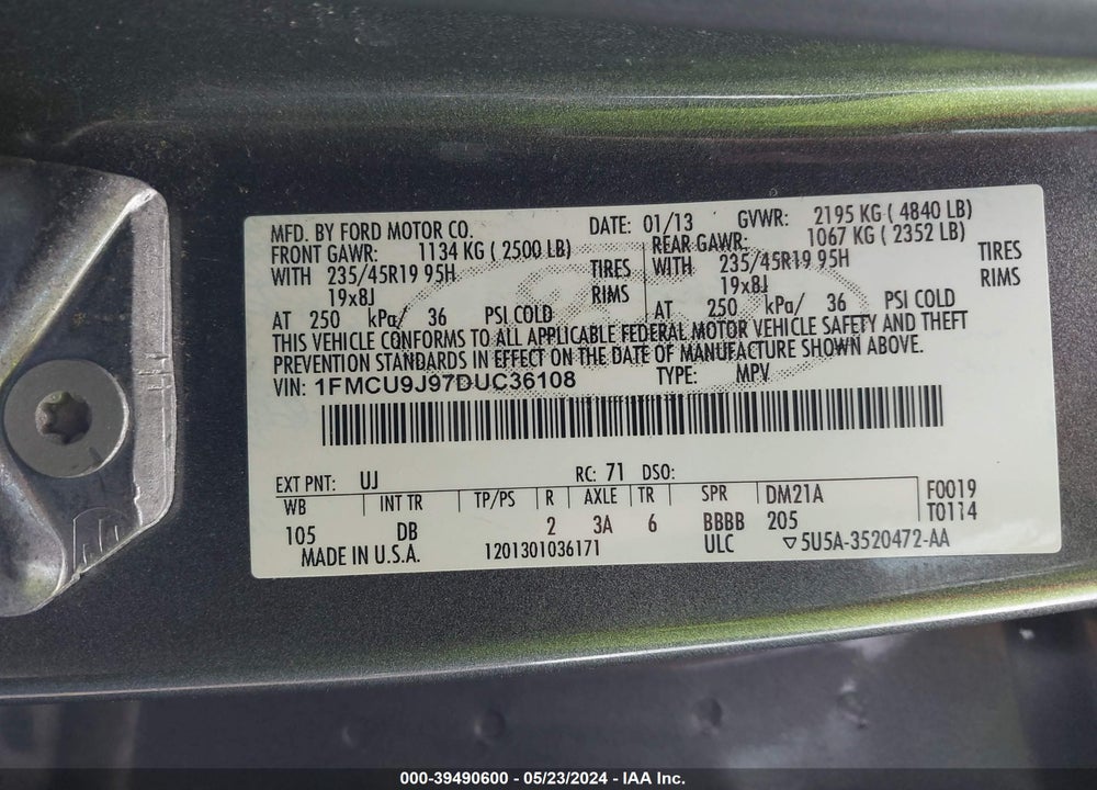 2013 FORD ESCAPE TITANIUM VIN: 1FMCU9J97DUC36108