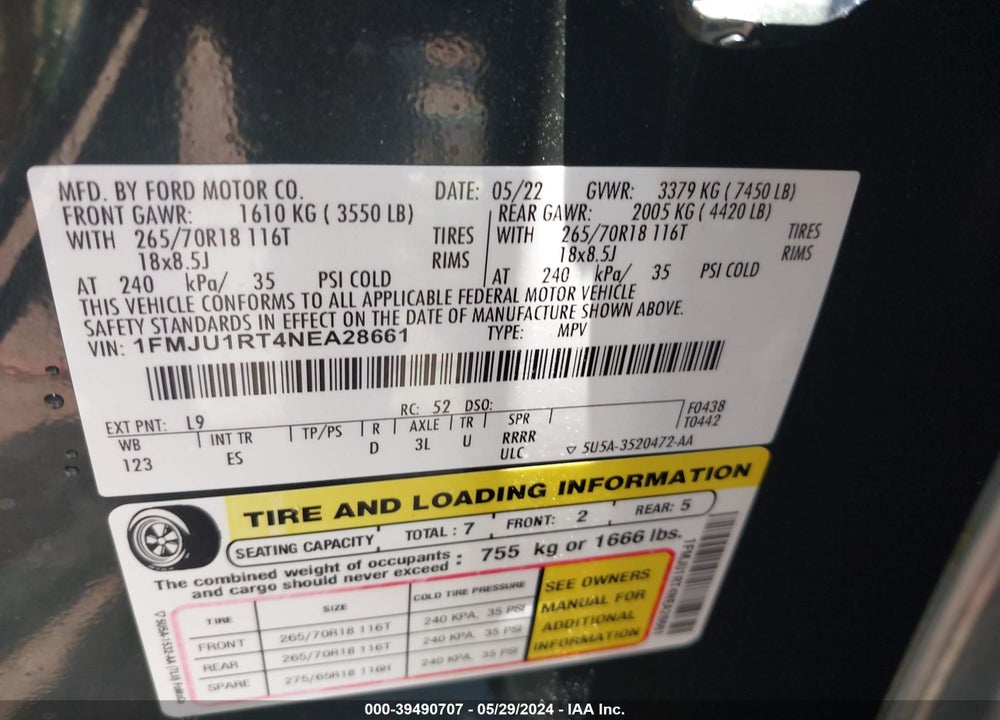 2022 FORD EXPEDITION TIMBERLINE VIN: 1FMJU1RT4NEA28661