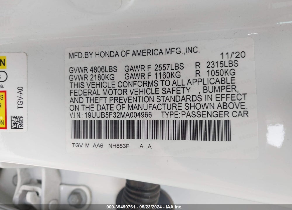 2021 ACURA TLX STANDARD VIN: 19UUB5F32MA004966