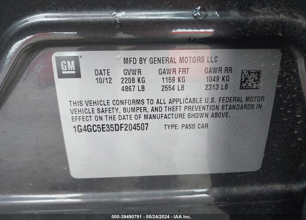 2013 BUICK LACROSSE LEATHER GROUP VIN: 1G4GC5E35DF204507