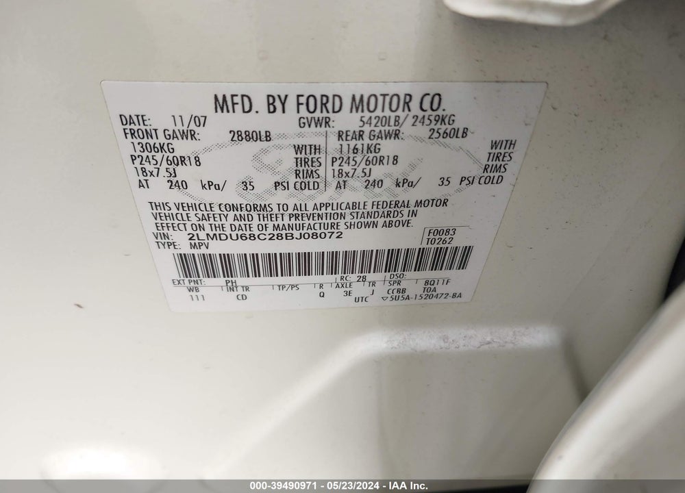 2008 LINCOLN MKX VIN: 2LMDU68C28BJ08072