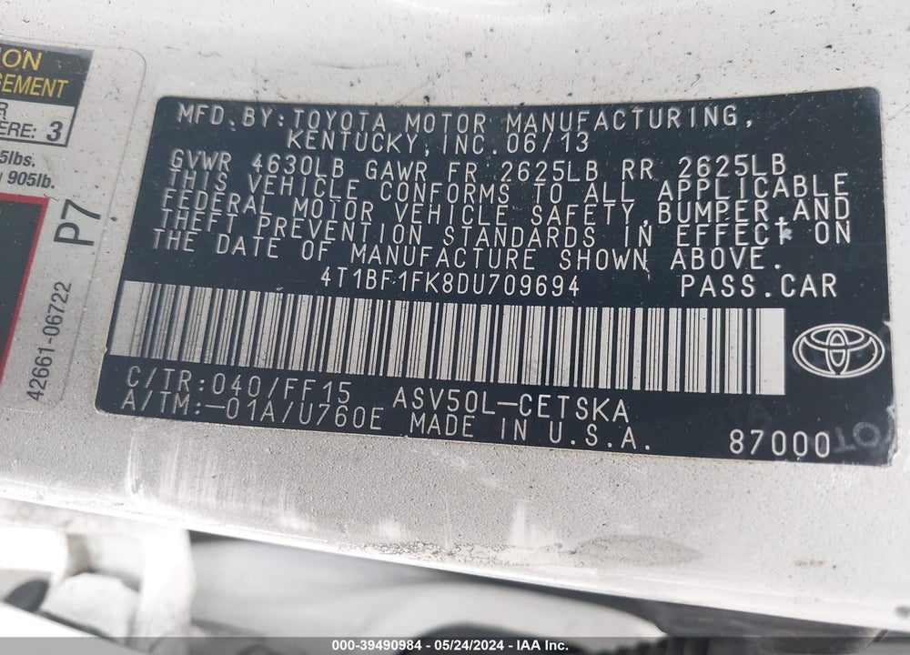 2013 TOYOTA CAMRY SE VIN: 4T1BF1FK8DU709694