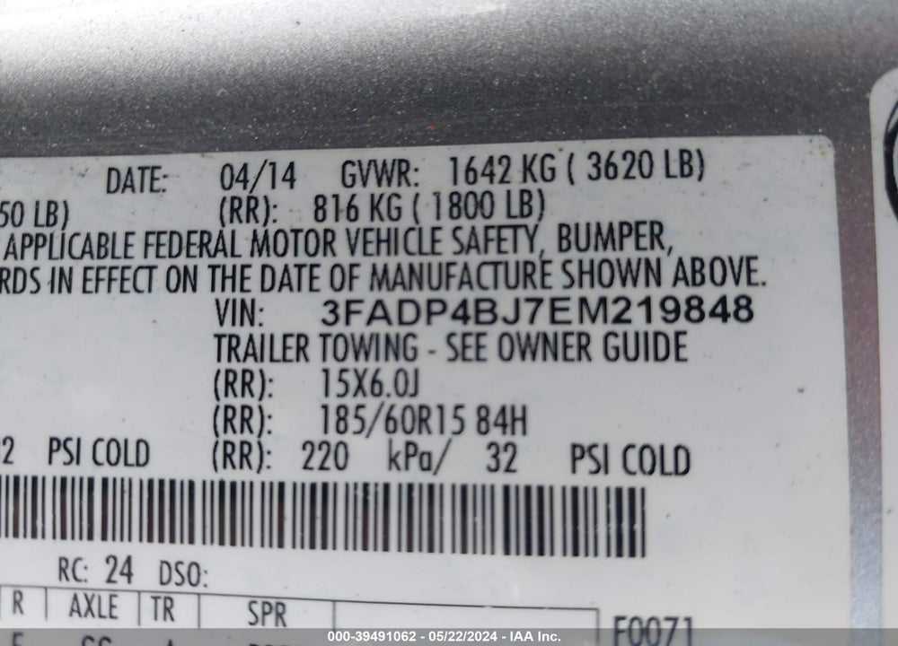 2014 FORD FIESTA VIN: 3FADP4BJ7EM219848