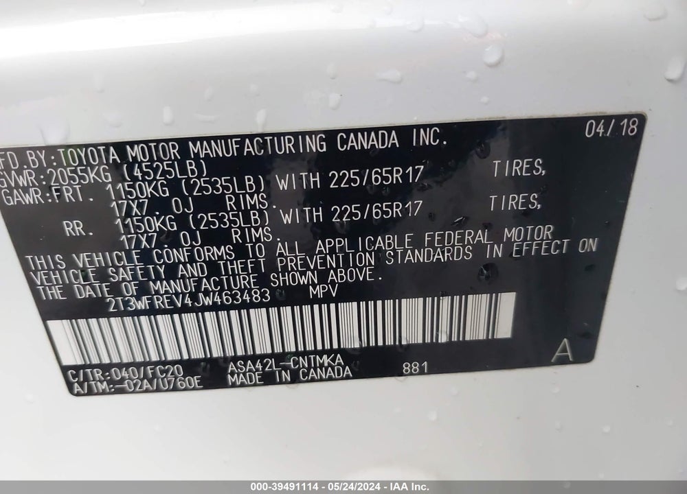 2018 TOYOTA RAV4 XLE VIN: 2T3WFREV4JW463483