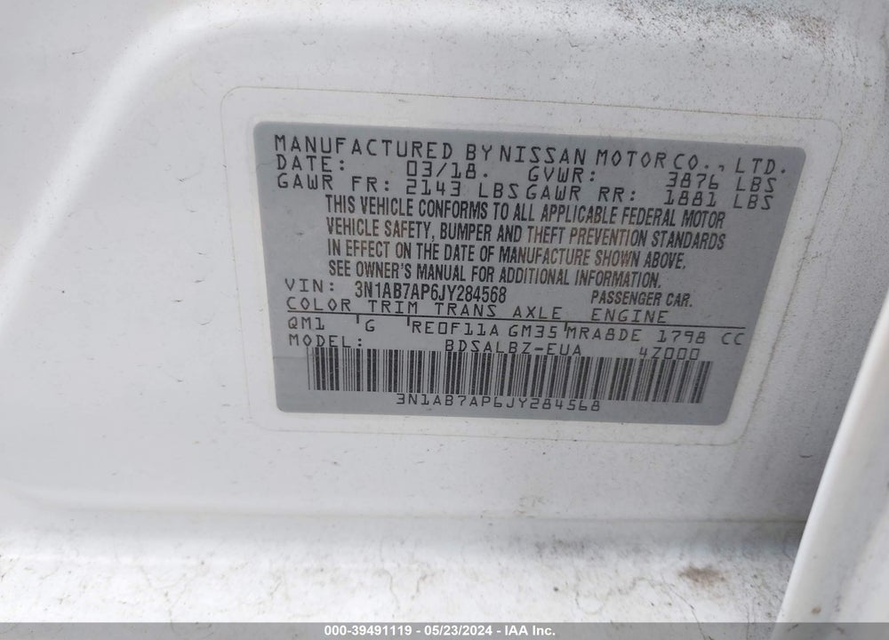 2018 NISSAN SENTRA S VIN: 3N1AB7AP6JY284568