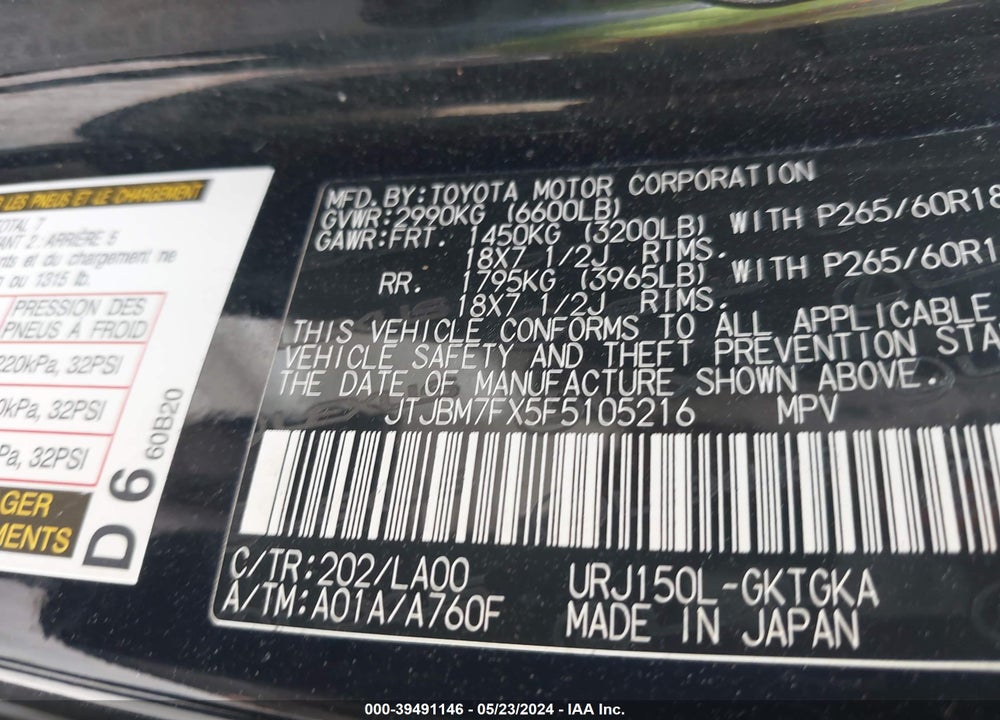 2015 LEXUS 460 VIN: JTJBM7FX5F5105216