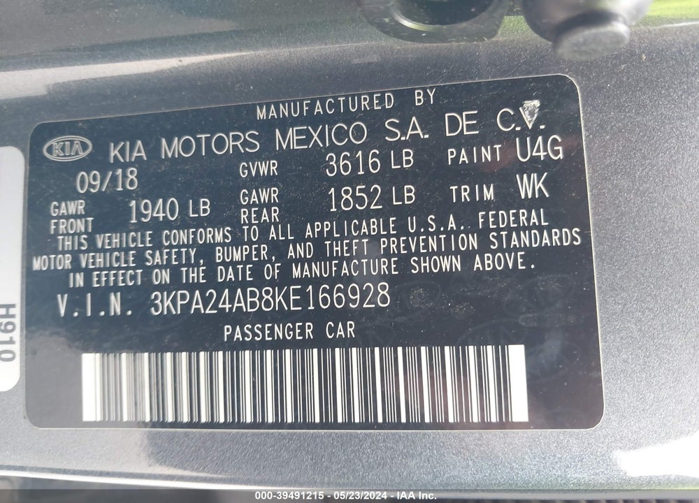 2019 KIA RIO S VIN: 3KPA24AB8KE166928