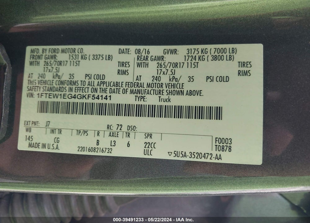 2016 FORD F-150 XL VIN: 1FTEW1EG4GKF54141