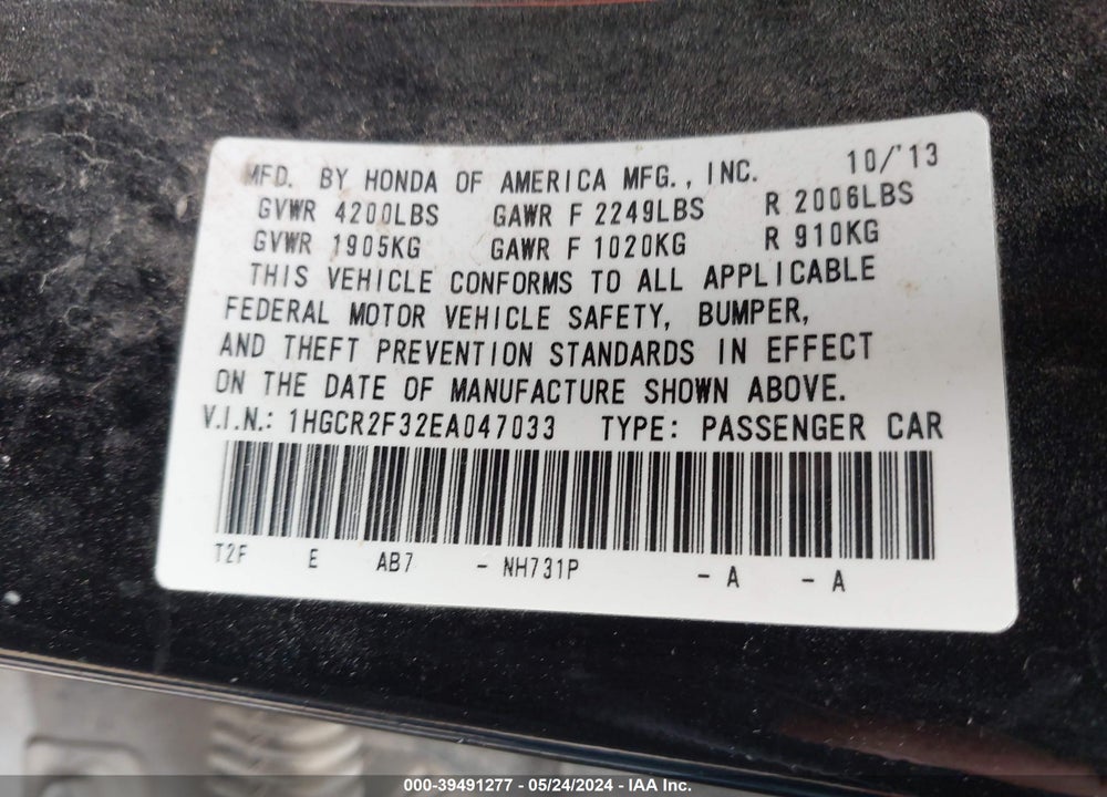 2014 HONDA ACCORD LX VIN: 1HGCR2F32EA047033