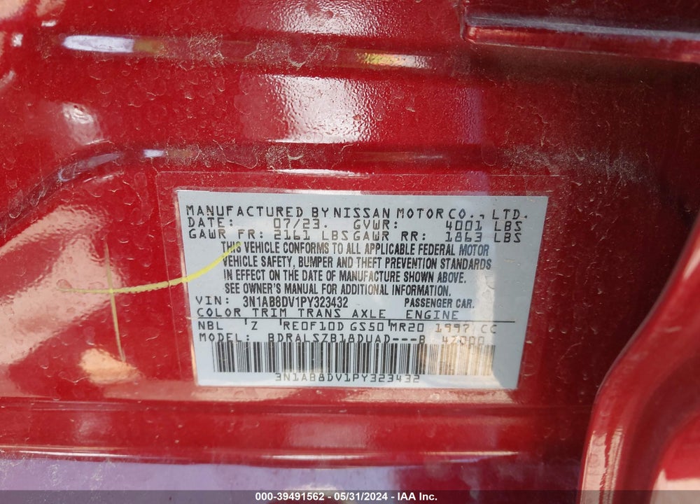 2023 NISSAN SENTRA SR XTRONIC CVT VIN: 3N1AB8DV1PY323432