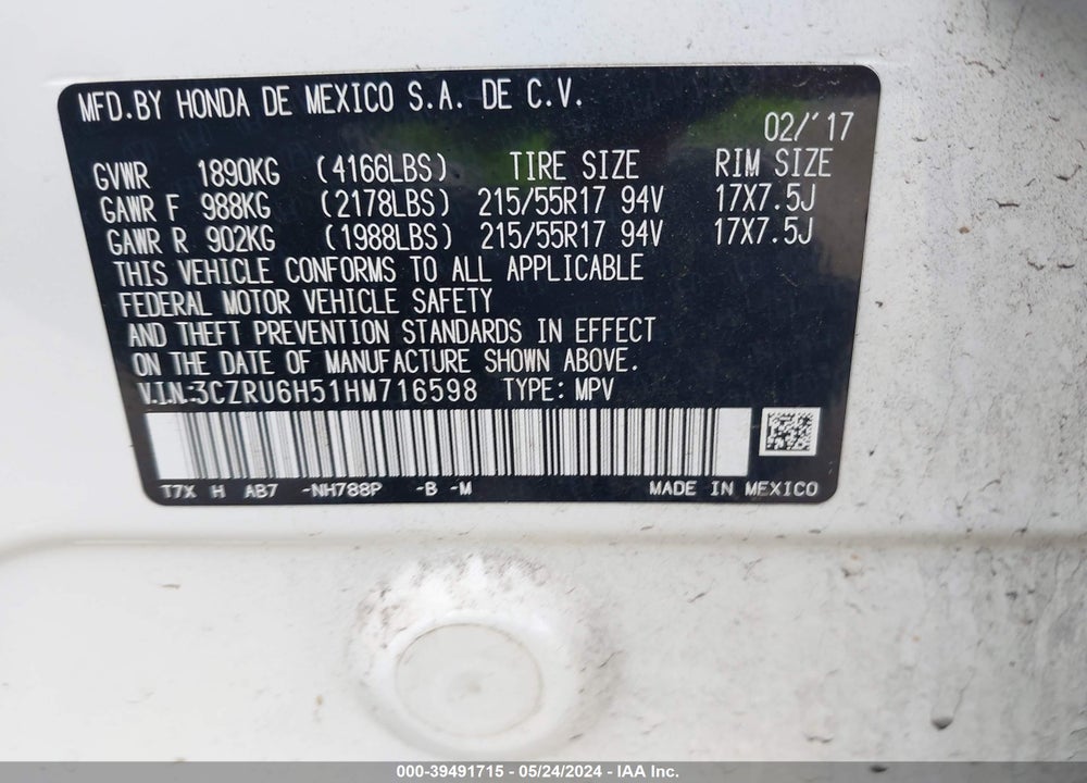 2017 HONDA HR-V EX VIN: 3CZRU6H51HM716598