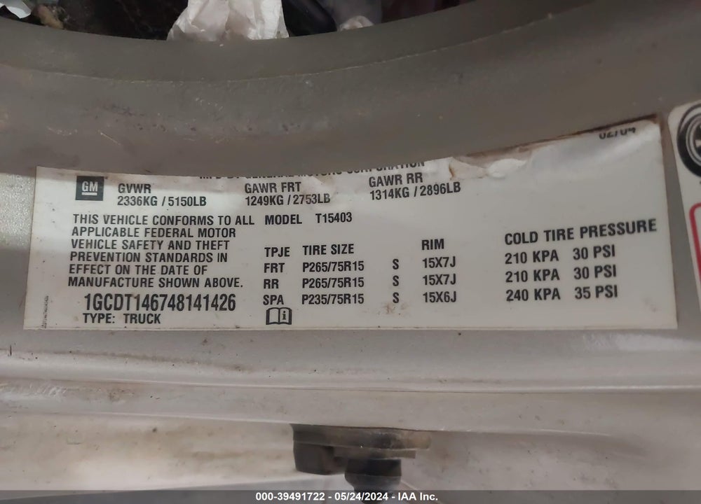 2004 CHEVROLET COLORADO VIN: 1GCDT146748141426