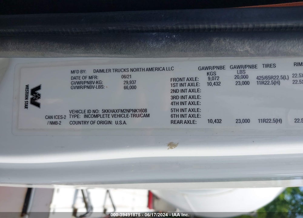 2022 WESTERN STAR 4700 SET BACK AXLE VIN: 5KKHAXFM2NPNK1608