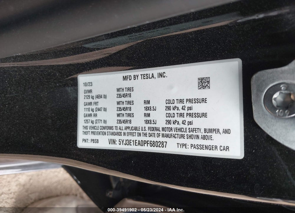 2023 TESLA MODEL 3 VIN: 5YJ3E1EA0PF680287