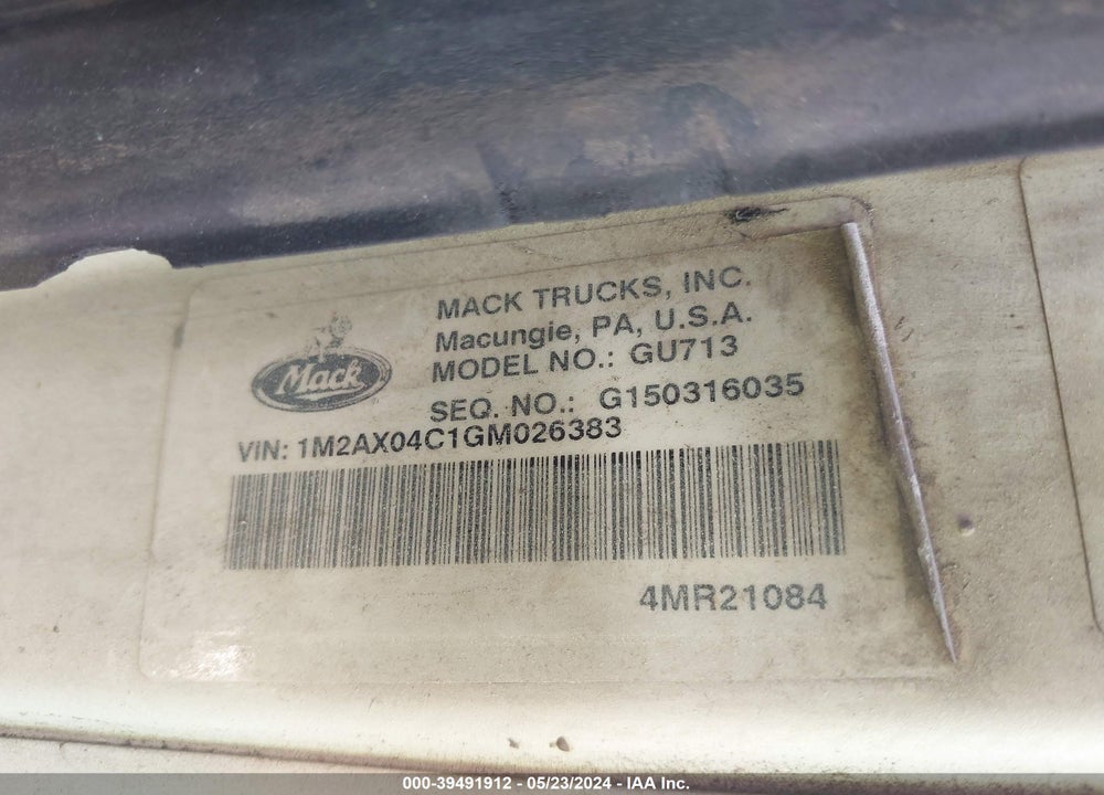 2016 MACK 700 GU700 VIN: 1M2AX04C1GM026383