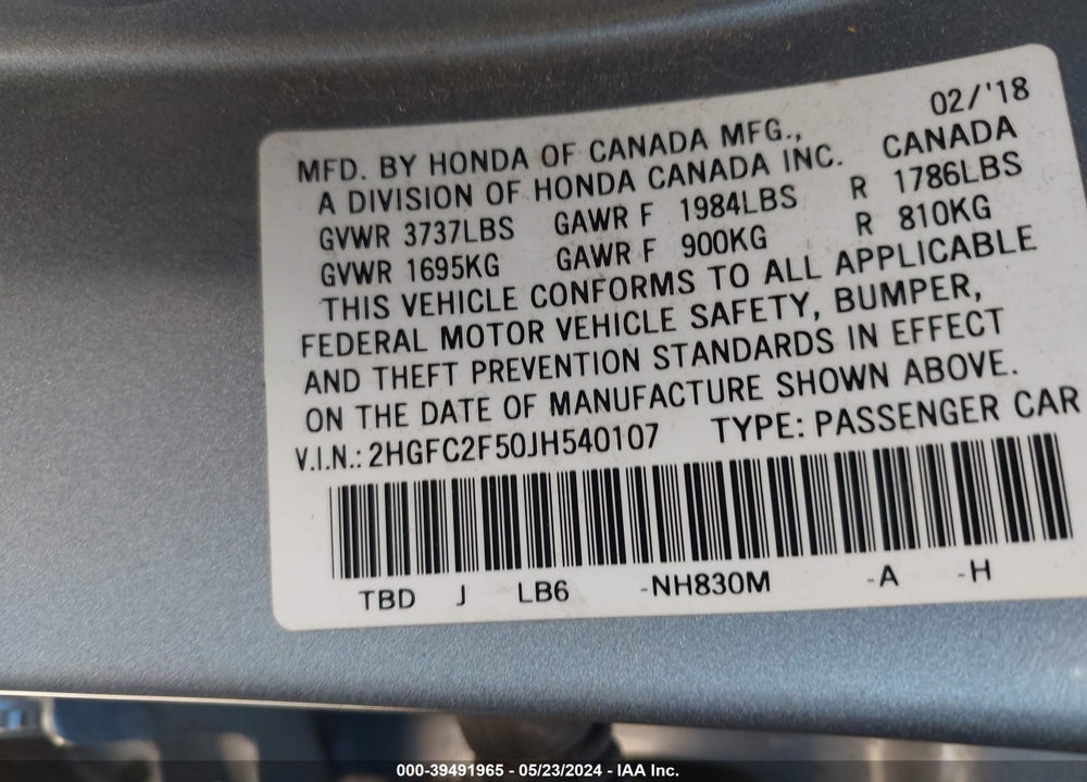 2018 HONDA CIVIC LX VIN: 2HGFC2F50JH540107