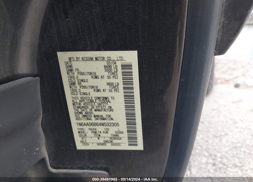 2004 NISSAN TITAN SE VIN: 1N6AA06B64N532305