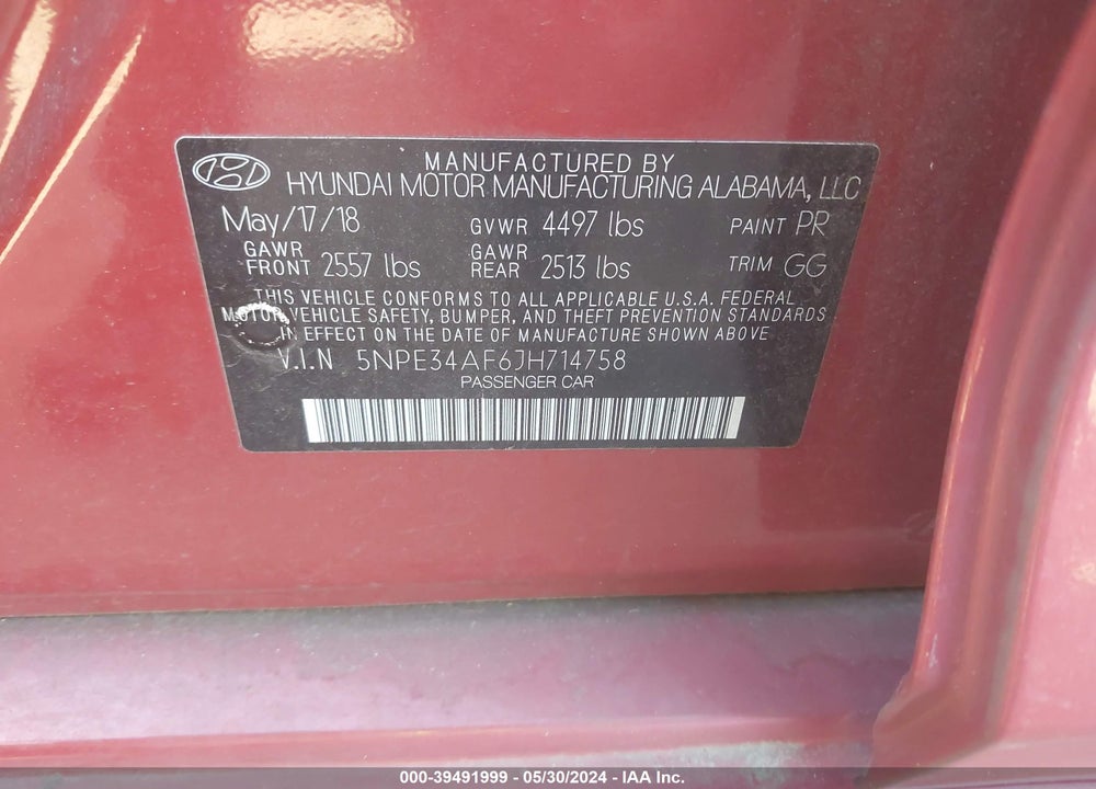 2018 HYUNDAI SONATA SEL VIN: 5NPE34AF6JH714758
