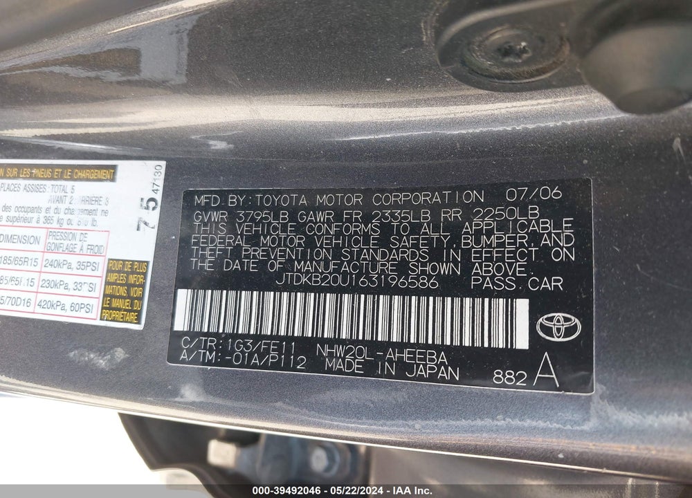 2006 TOYOTA PRIUS VIN: JTDKB20U163196586
