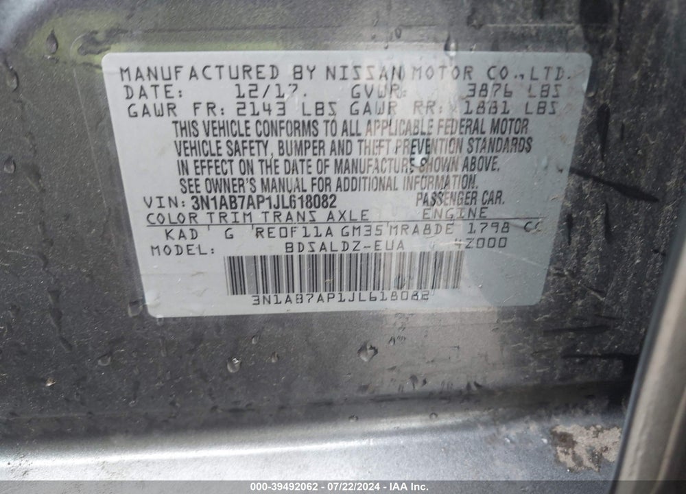 2018 NISSAN SENTRA SV VIN: 3N1AB7AP1JL618082