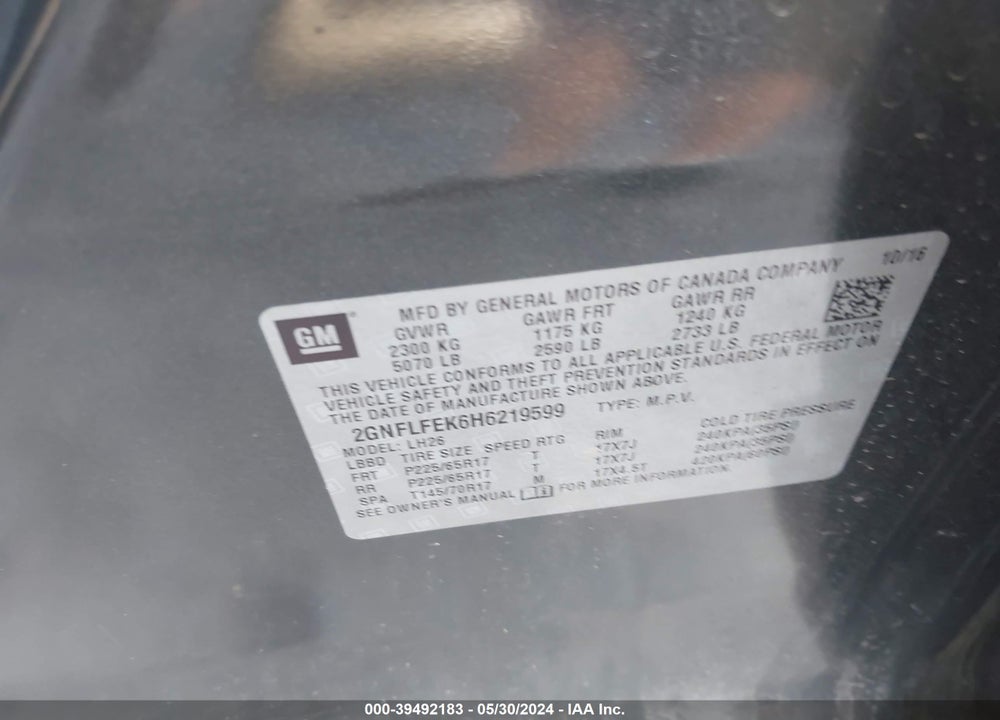 2017 CHEVROLET EQUINOX LT VIN: 2GNFLFEK6H6219599
