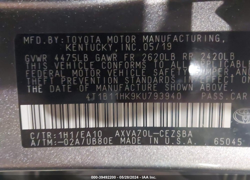 2019 TOYOTA CAMRY L/LE/XLE/SE/XSE VIN: 4T1B11HK9KU793940
