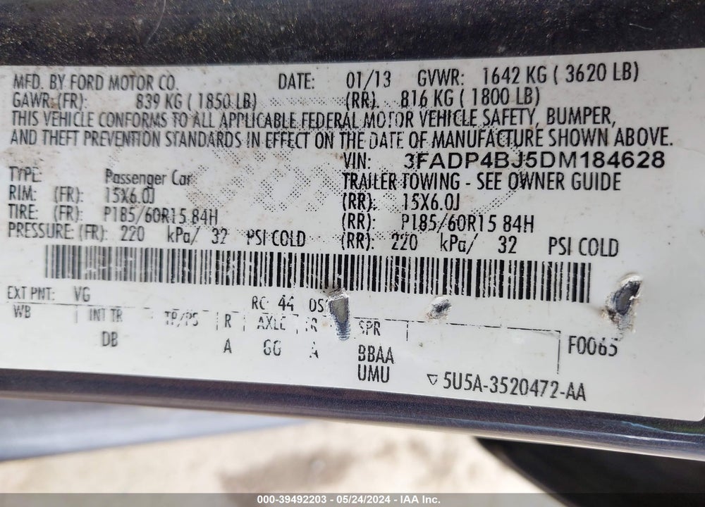 2013 FORD FIESTA SE VIN: 3FADP4BJ5DM184628