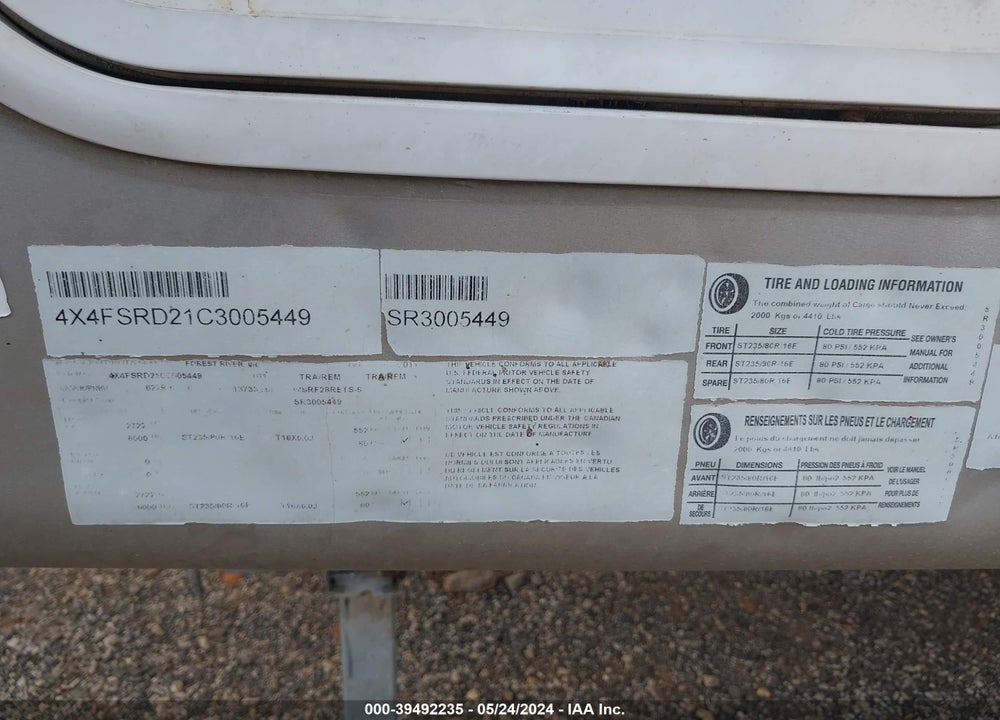 2012 PALOMINO 5TH WHEEL VIN: 4X4FSRD21C3005449