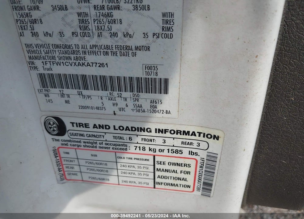 2010 FORD F150 SUPERCREW VIN: 1FTFW1CVXAKA77261