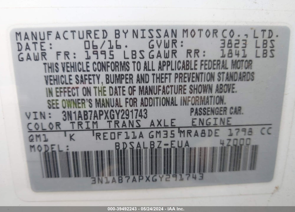 2016 NISSAN SENTRA VIN: 3N1AB7APXGY291743