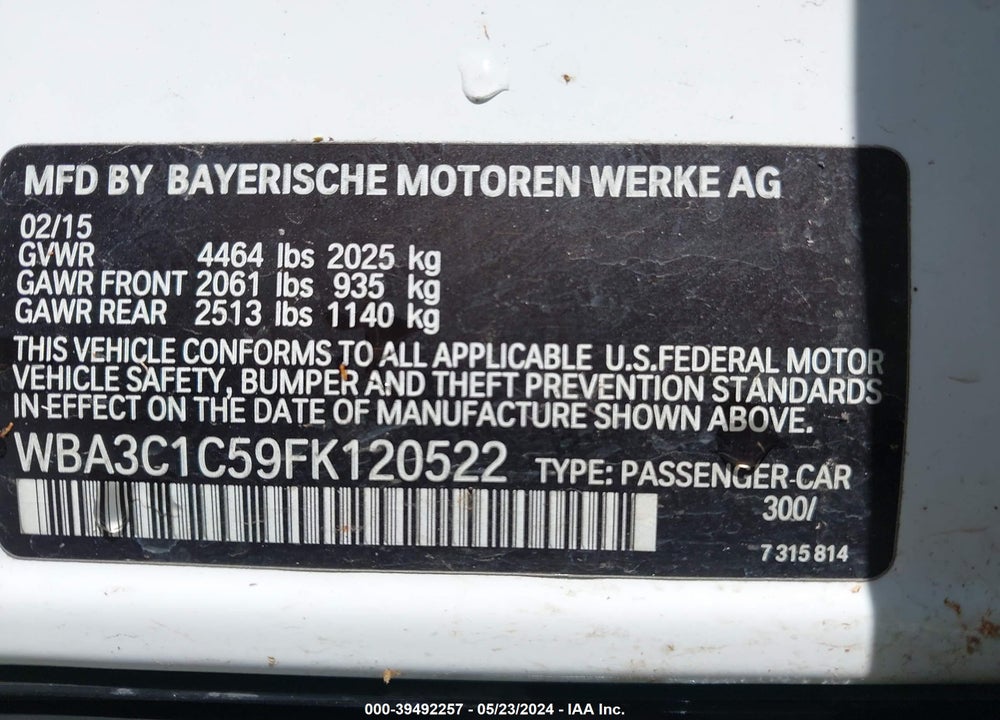 2015 BMW 328 I SULEV VIN: WBA3C1C59FK120522