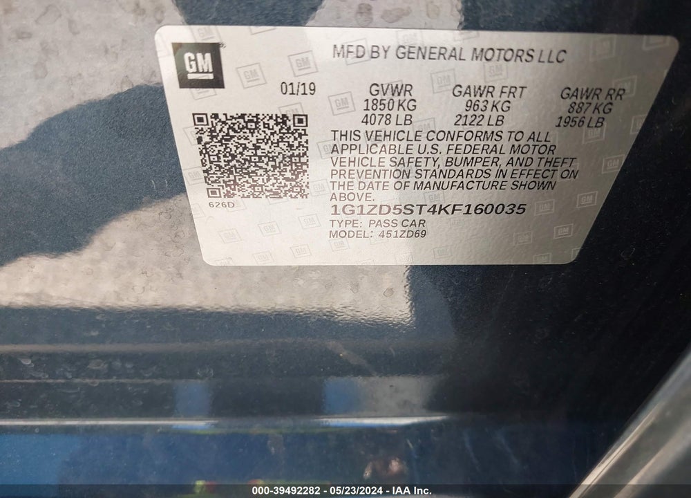 2019 CHEVROLET MALIBU LT VIN: 1G1ZD5ST4KF160035