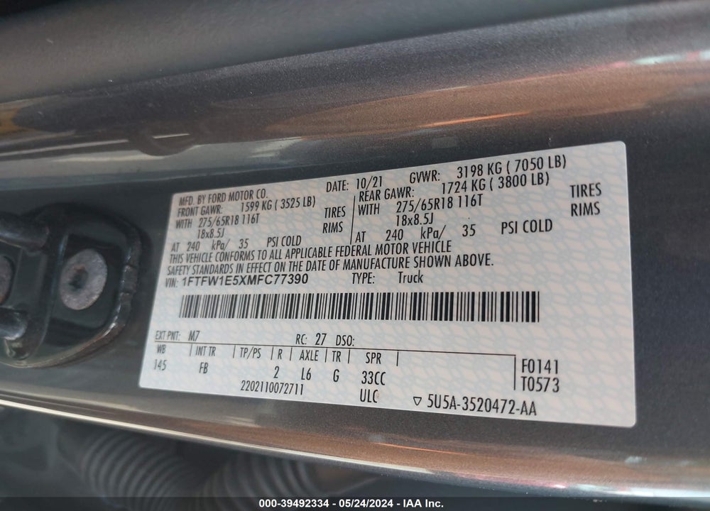 2021 FORD F-150 XLT VIN: 1FTFW1E5XMFC77390