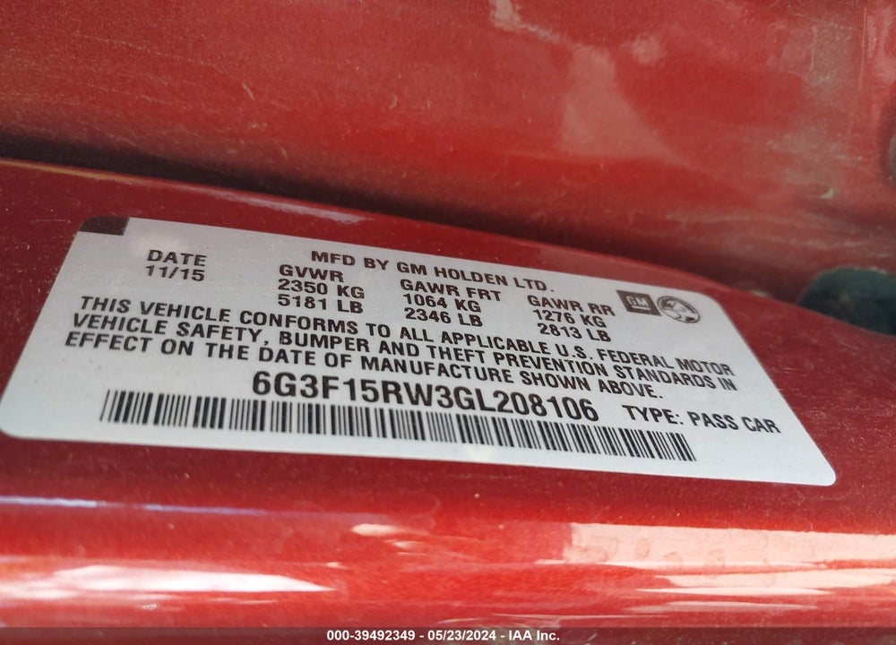 2016 CHEVROLET SS VIN: 6G3F15RW3GL208106