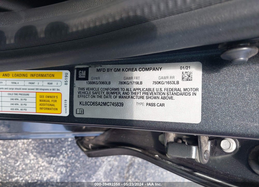 2021 CHEVROLET SPARK FWD 1LT AUTOMATIC VIN: KL8CD6SA2MC745839