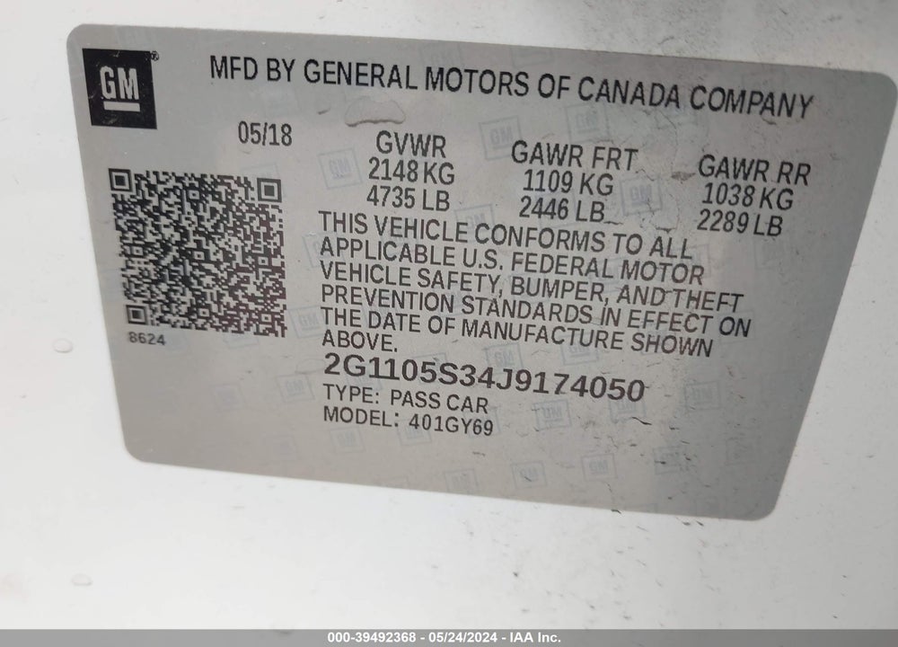 2018 CHEVROLET IMPALA 1LT VIN: 2G1105S34J9174050