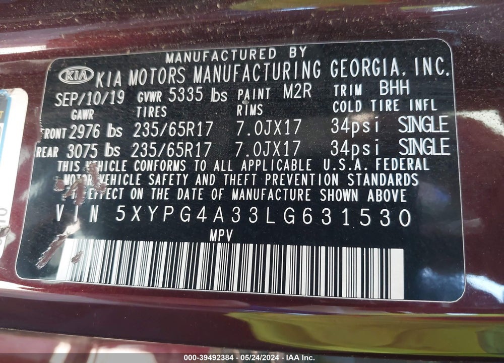 2020 KIA SORENTO 2.4L LX VIN: 5XYPG4A33LG631530