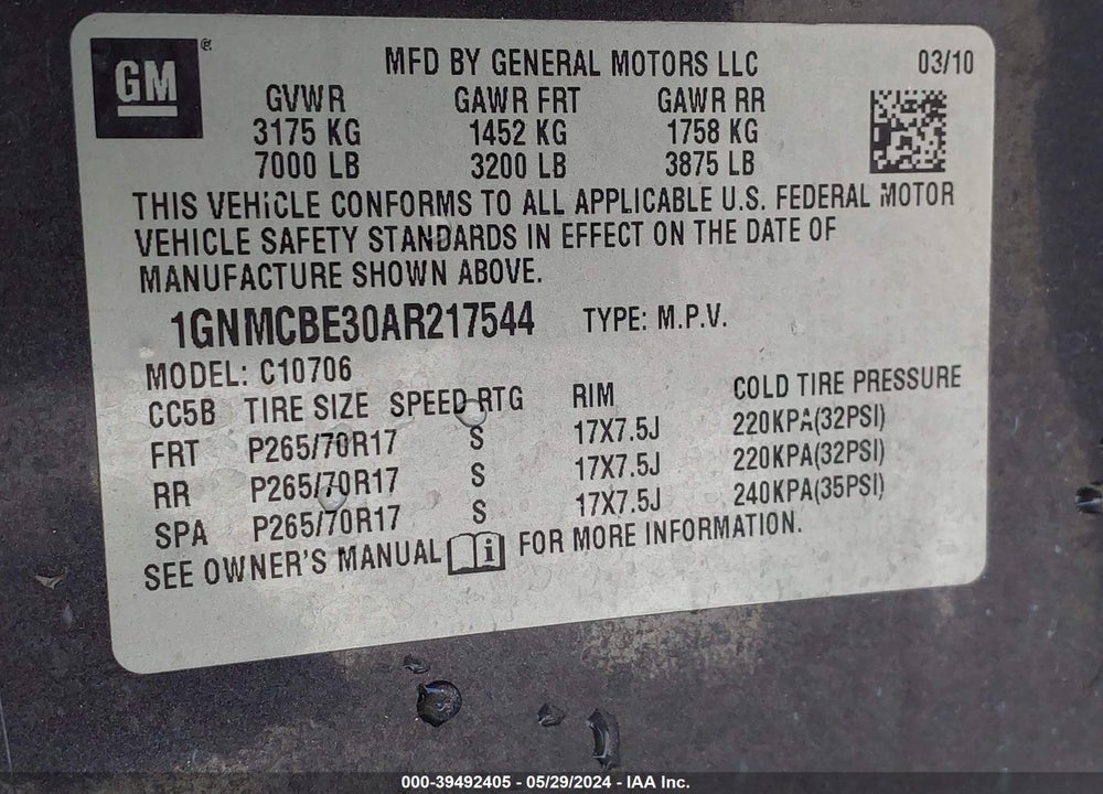 2010 CHEVROLET TAHOE C1500 LT VIN: 1GNMCBE30AR217544