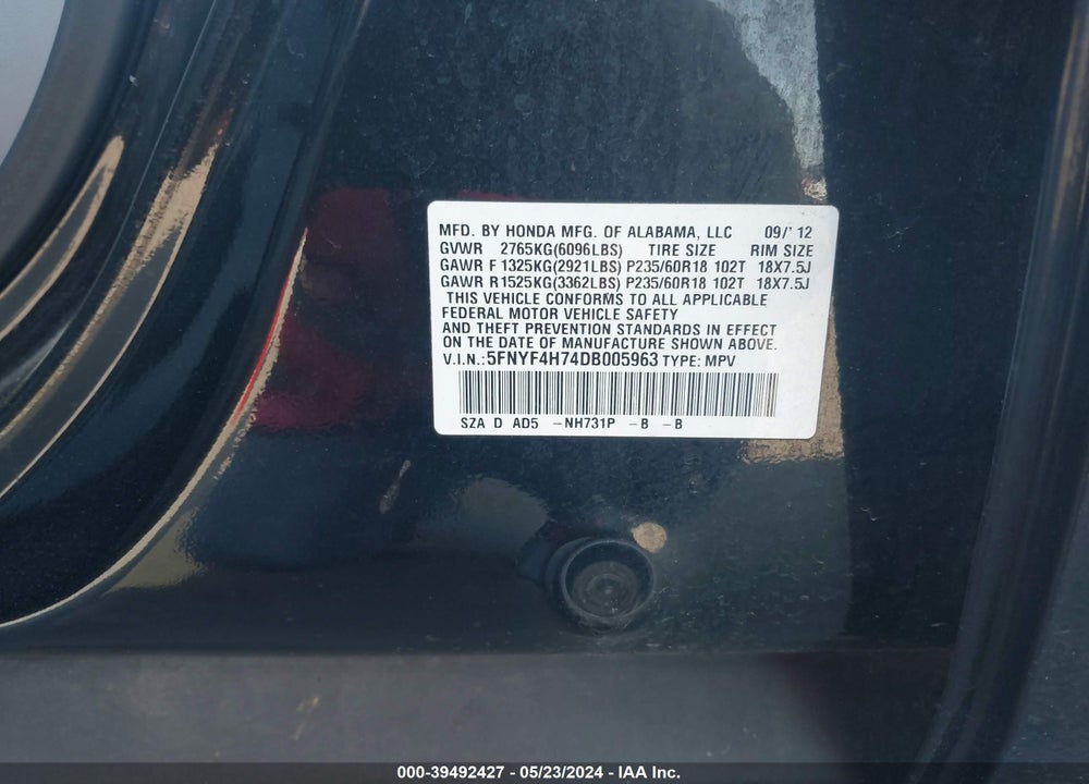 2013 HONDA PILOT EX-L VIN: 5FNYF4H74DB005963