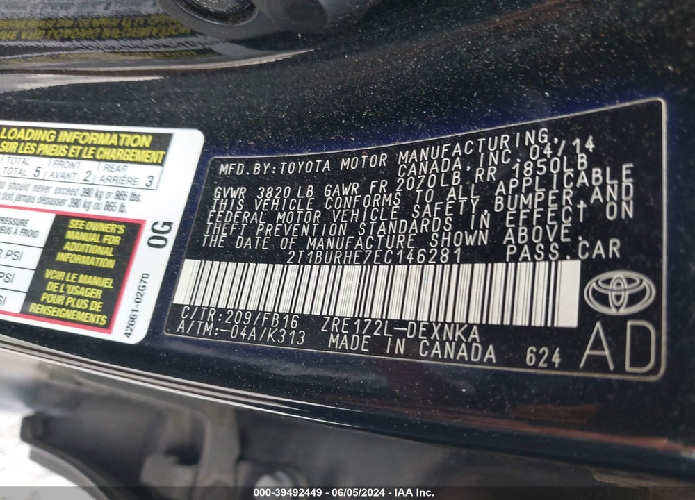 2014 TOYOTA COROLLA LE VIN: 2T1BURHE7EC146281