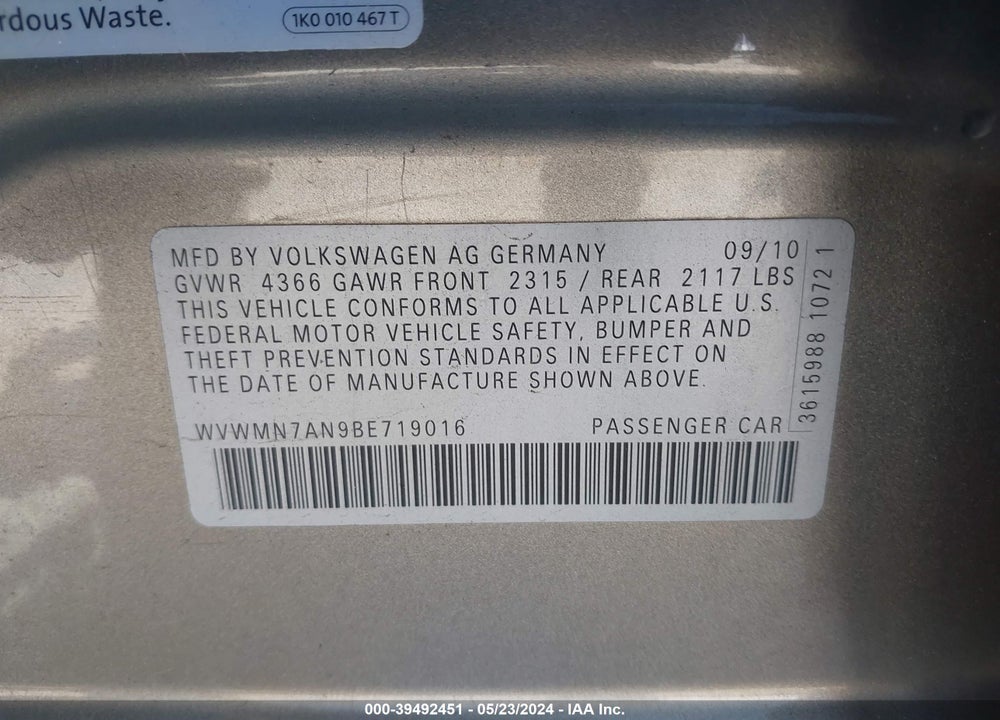 2011 VOLKSWAGEN CC SPORT VIN: WVWMN7AN9BE719016