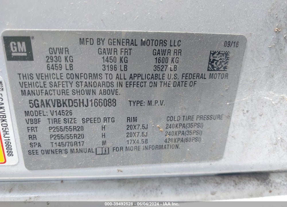 2017 BUICK ENCLAVE VIN: 5GAKVBKD5HJ166088