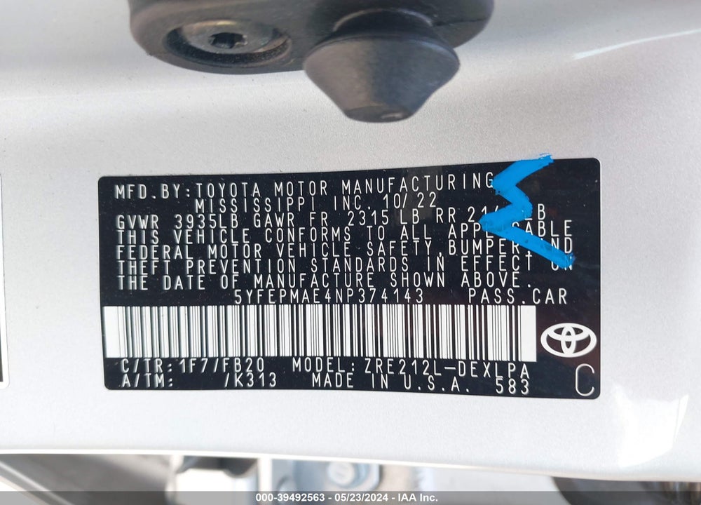 2022 TOYOTA COROLLA LE VIN: 5YFEPMAE4NP374143