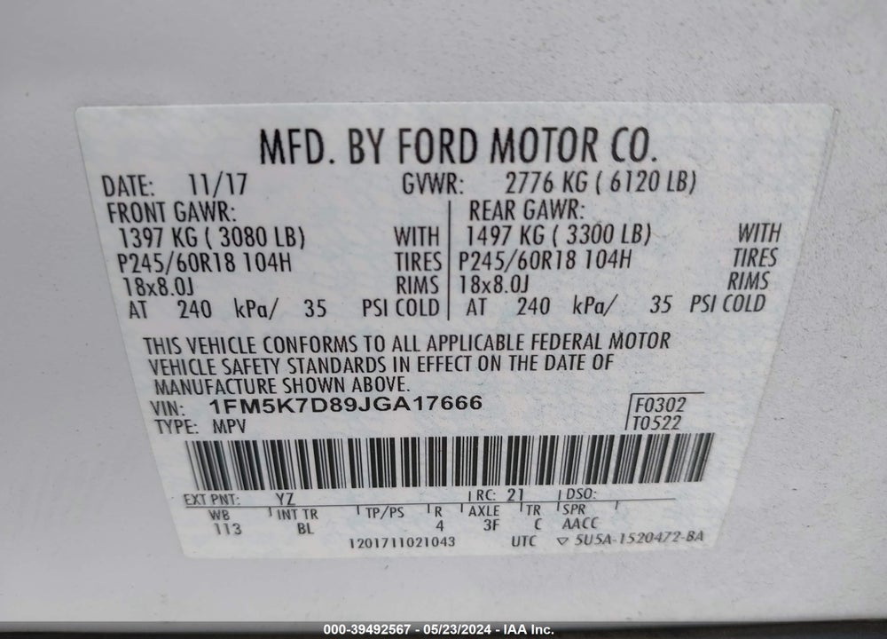 2018 FORD EXPLORER XLT VIN: 1FM5K7D89JGA17666